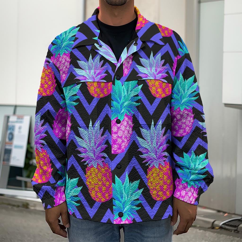 Neon EDM Zig Zag Pineapple Pattern Print Men's Shirt Jacket