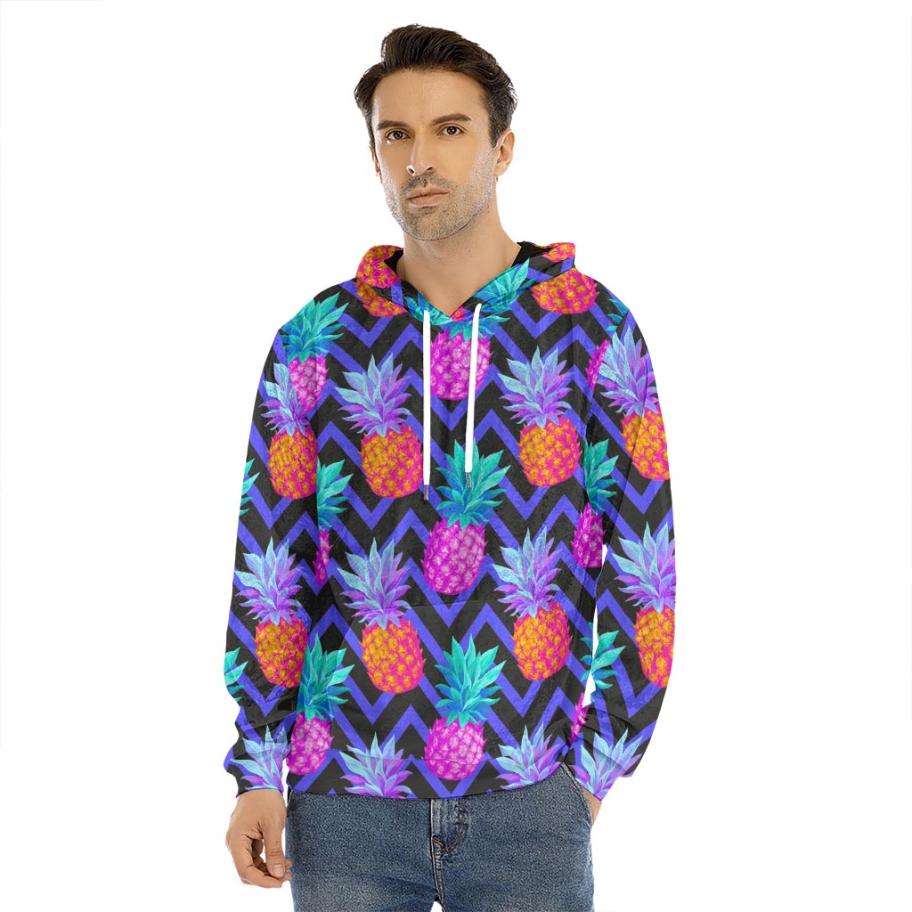 Neon EDM Zig Zag Pineapple Pattern Print Men's Velvet Pullover Hoodie