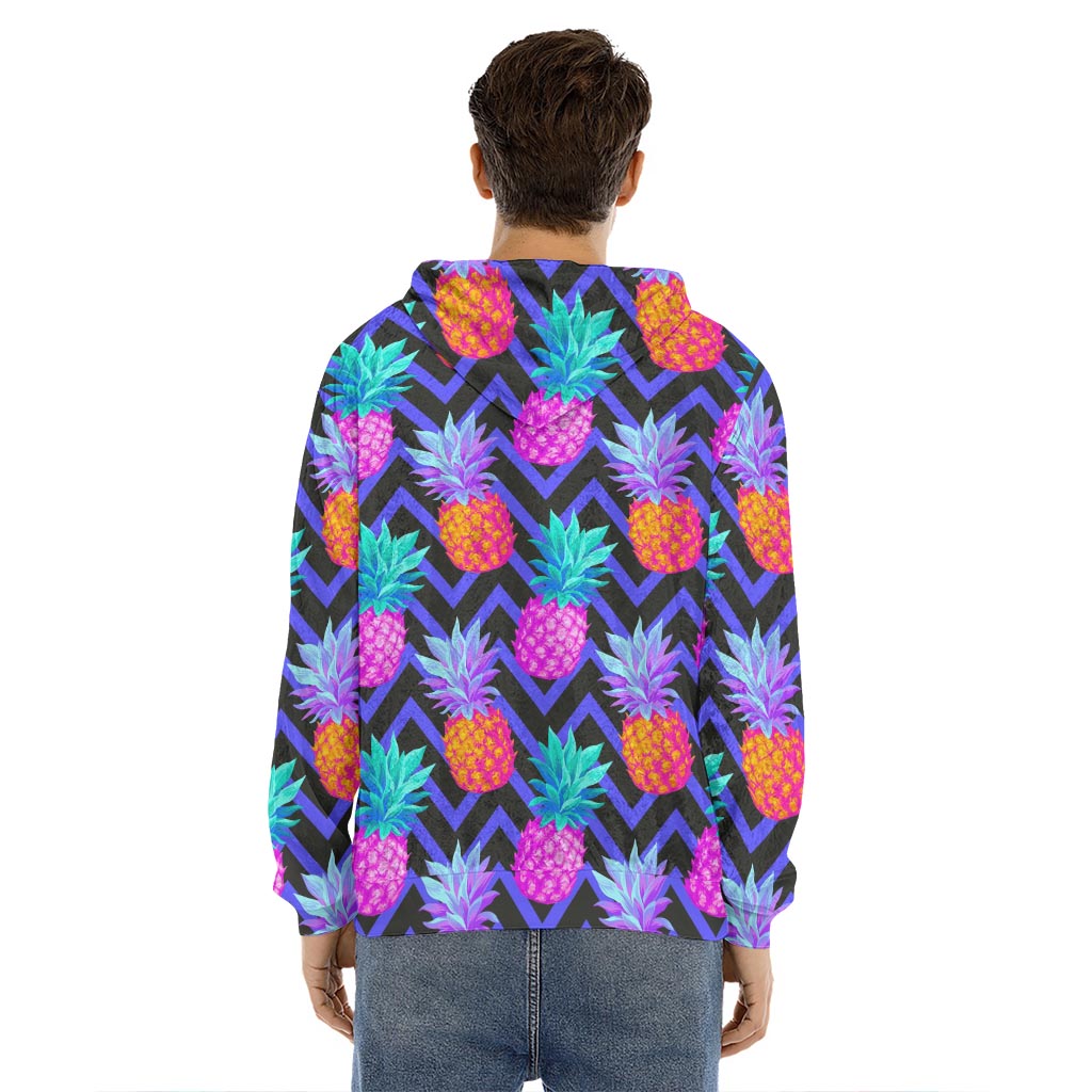 Neon EDM Zig Zag Pineapple Pattern Print Men's Velvet Pullover Hoodie