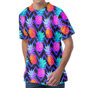 Neon EDM Zig Zag Pineapple Pattern Print Men's Velvet T-Shirt