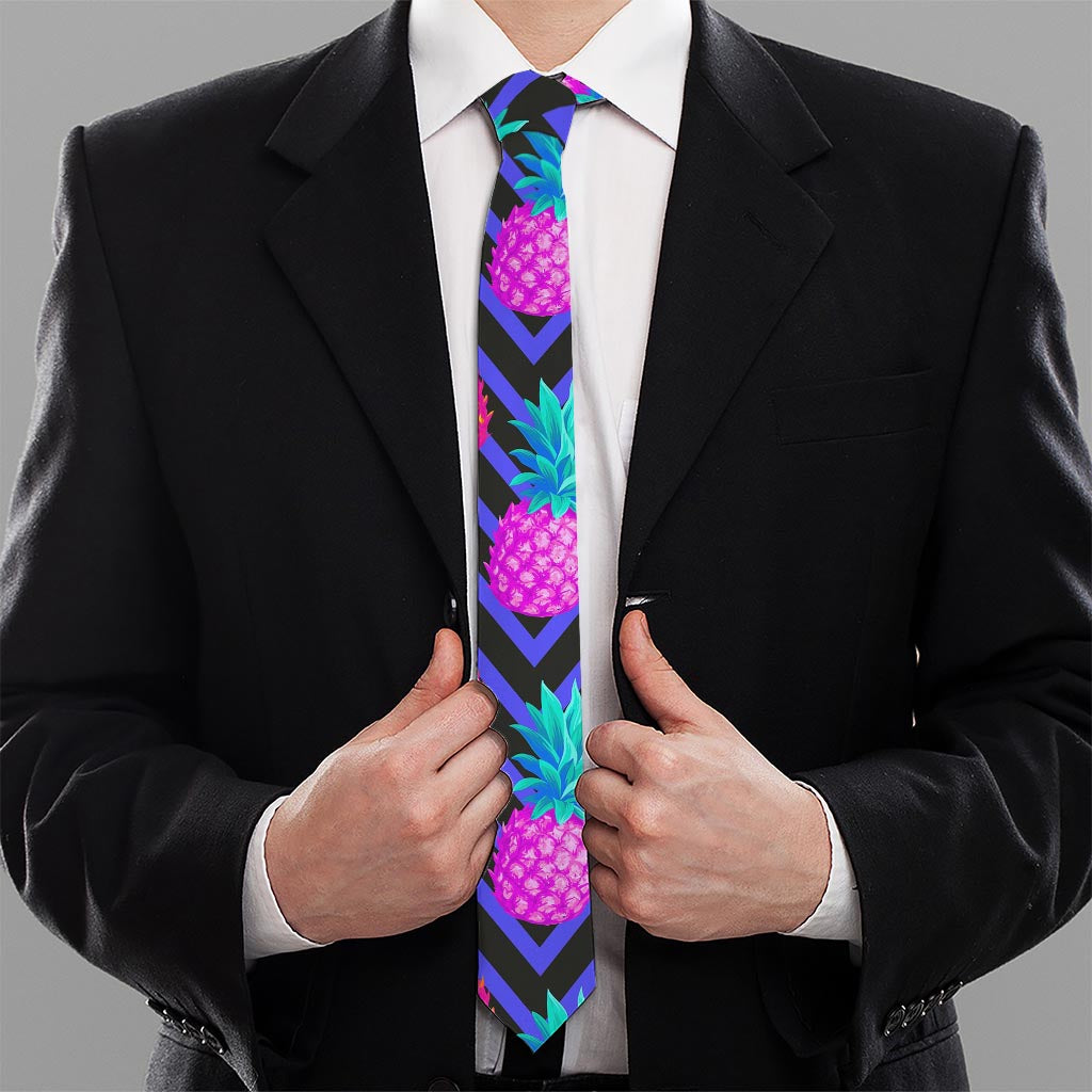 Neon EDM Zig Zag Pineapple Pattern Print Necktie