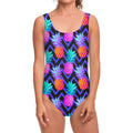 Neon EDM Zig Zag Pineapple Pattern Print One Piece Swimsuit