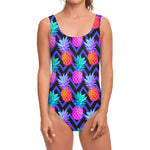 Neon EDM Zig Zag Pineapple Pattern Print One Piece Swimsuit