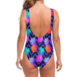 Neon EDM Zig Zag Pineapple Pattern Print One Piece Swimsuit