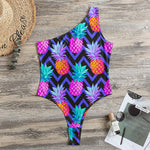 Neon EDM Zig Zag Pineapple Pattern Print One Shoulder Bodysuit