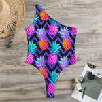 Neon EDM Zig Zag Pineapple Pattern Print One Shoulder Bodysuit