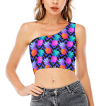 Neon EDM Zig Zag Pineapple Pattern Print One Shoulder Crop Top