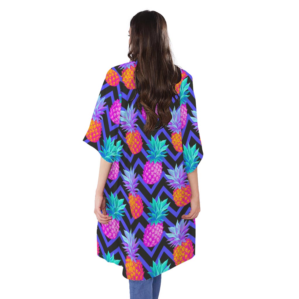 Neon EDM Zig Zag Pineapple Pattern Print Open Front Beach Cover Up