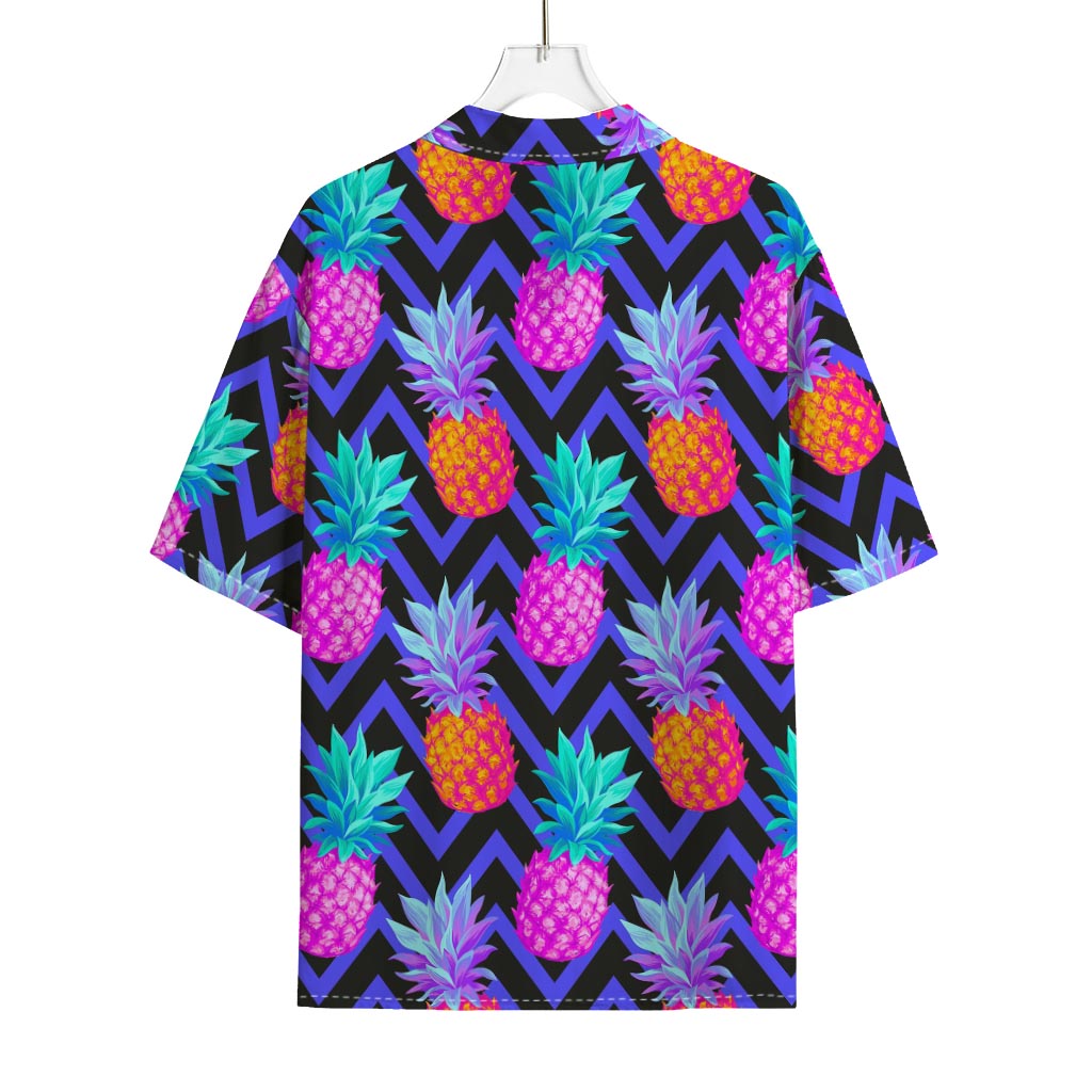 Neon EDM Zig Zag Pineapple Pattern Print Rayon Hawaiian Shirt