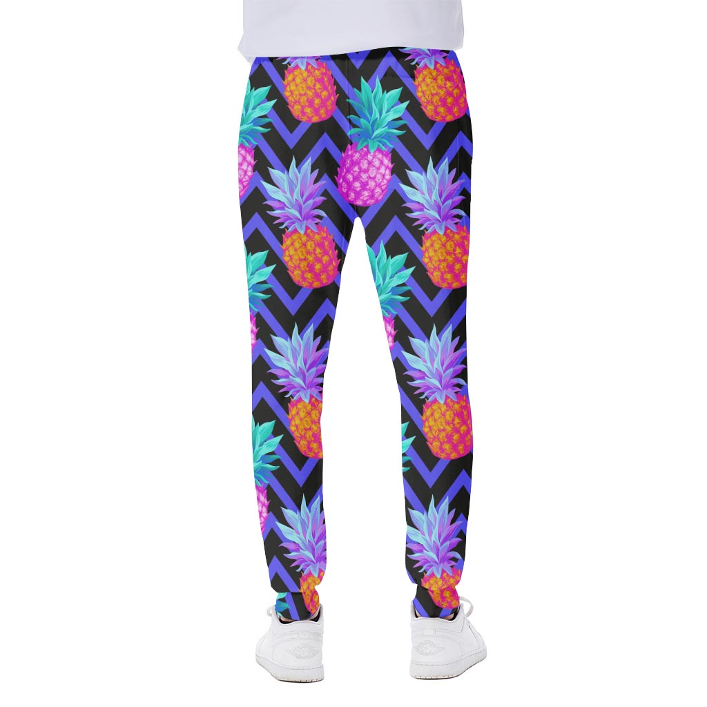 Neon EDM Zig Zag Pineapple Pattern Print Scuba Joggers