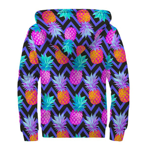 Neon EDM Zig Zag Pineapple Pattern Print Sherpa Lined Zip Up Hoodie