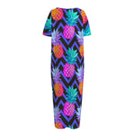 Neon EDM Zig Zag Pineapple Pattern Print Short Sleeve Long Nightdress