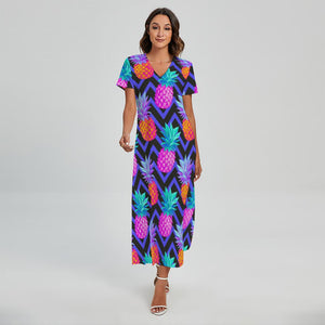 Neon EDM Zig Zag Pineapple Pattern Print Short Sleeve Maxi Dress