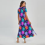 Neon EDM Zig Zag Pineapple Pattern Print Short Sleeve Maxi Dress