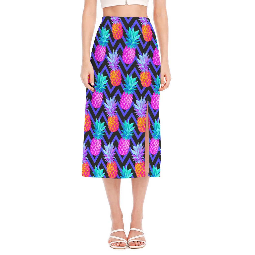 Neon EDM Zig Zag Pineapple Pattern Print Side Slit Midi Skirt