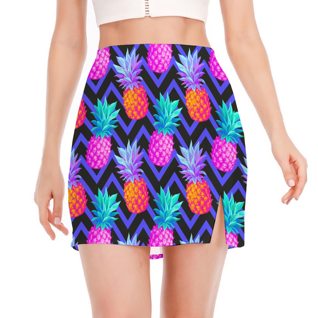 Neon EDM Zig Zag Pineapple Pattern Print Side Slit Mini Skirt