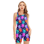 Neon EDM Zig Zag Pineapple Pattern Print Sleeveless One Piece Swimsuit