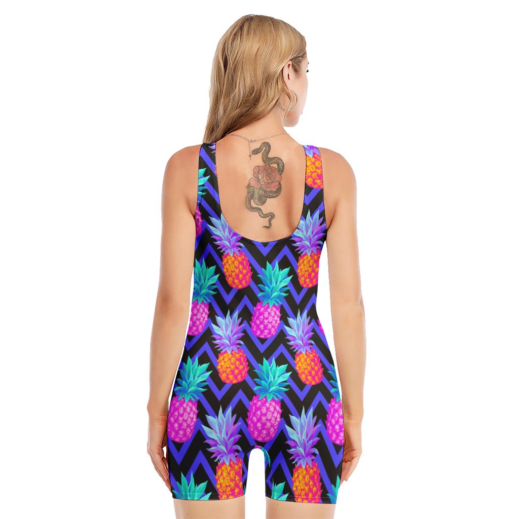 Neon EDM Zig Zag Pineapple Pattern Print Sleeveless One Piece Swimsuit