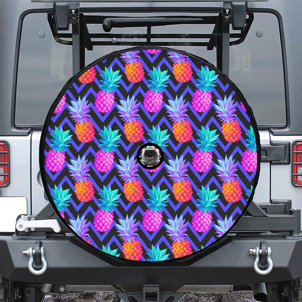 Neon EDM Zig Zag Pineapple Pattern Print Tire Cover With Camera Hole