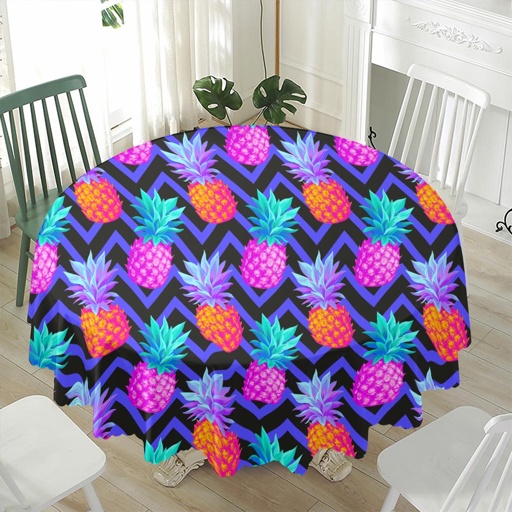 Neon EDM Zig Zag Pineapple Pattern Print Waterproof Round Tablecloth