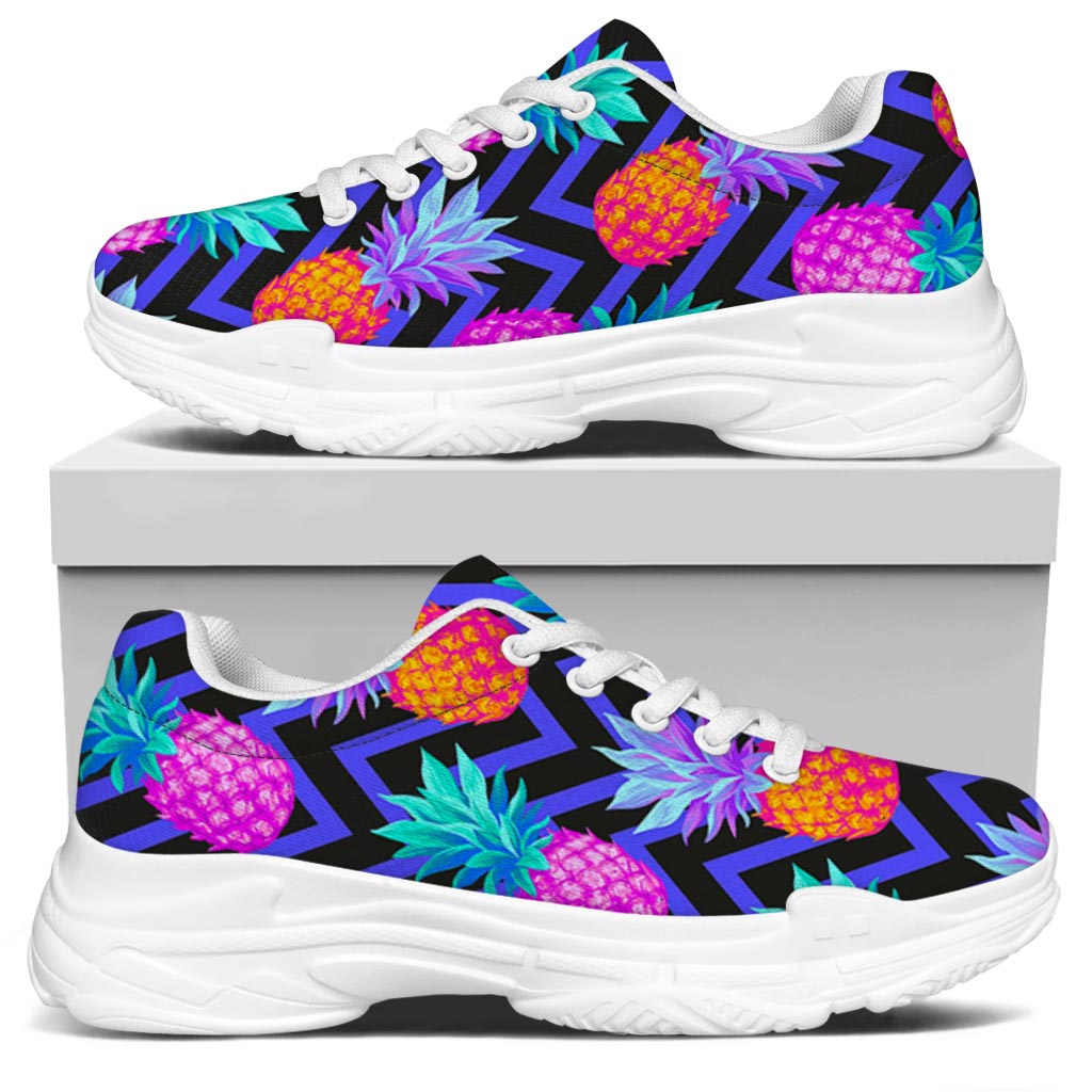 Neon EDM Zig Zag Pineapple Pattern Print White Chunky Shoes