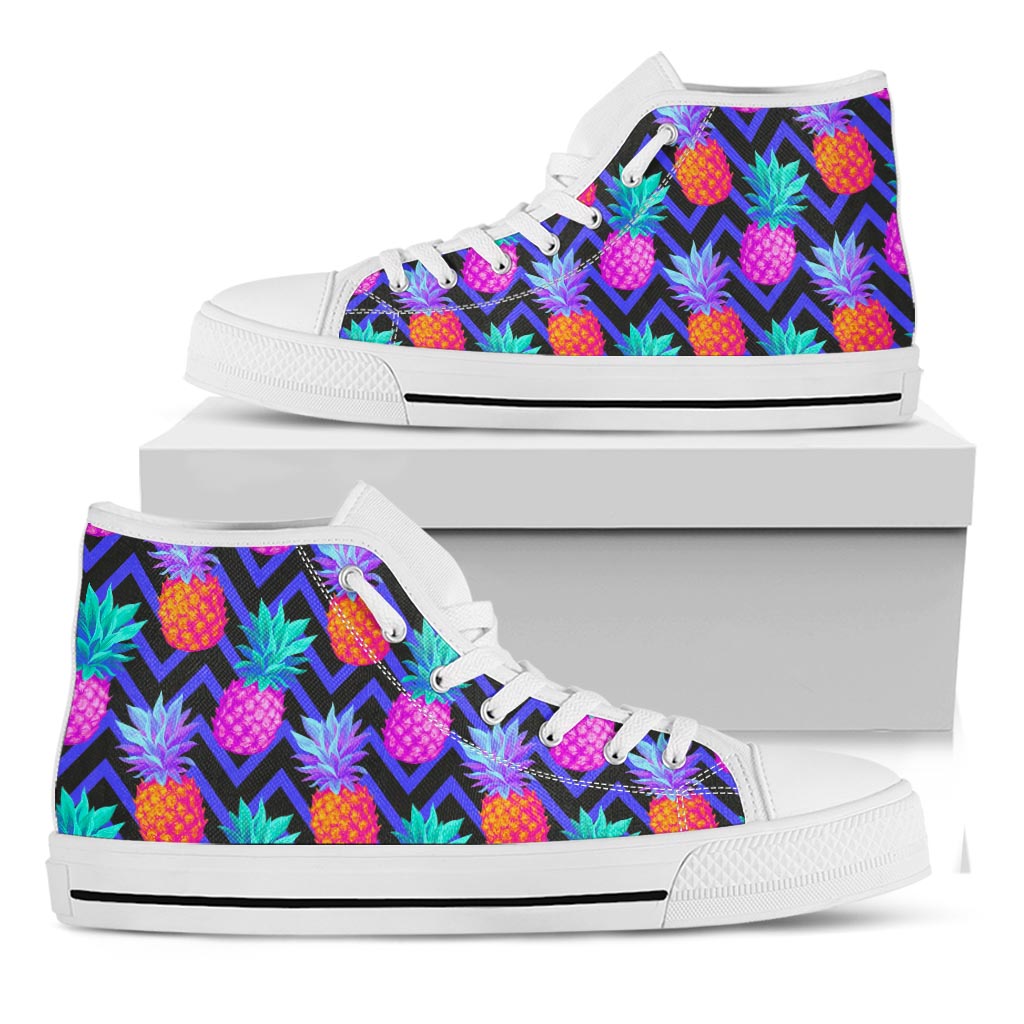 Neon EDM Zig Zag Pineapple Pattern Print White High Top Sneakers