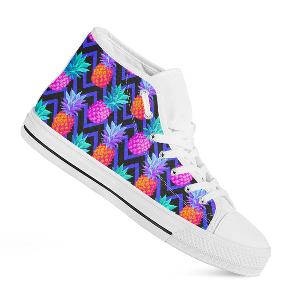 Neon EDM Zig Zag Pineapple Pattern Print White High Top Sneakers