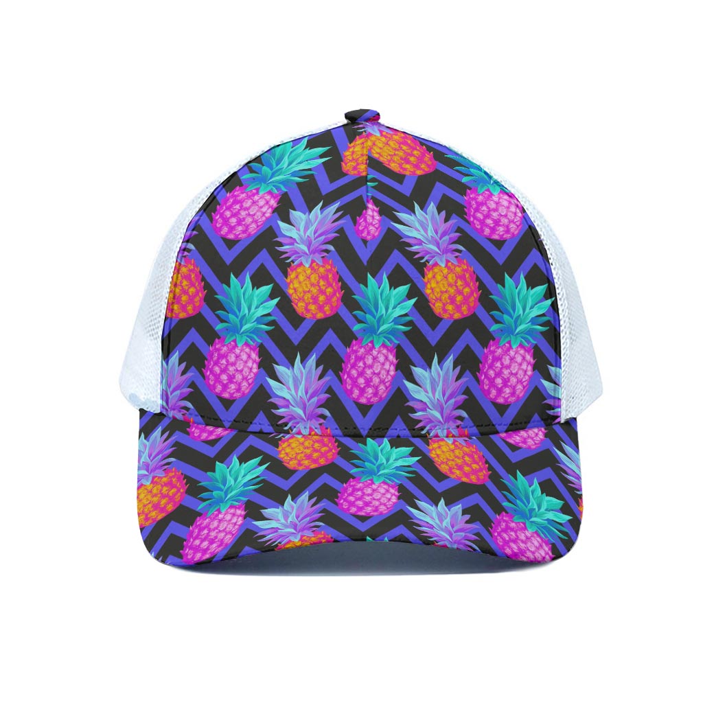Neon EDM Zig Zag Pineapple Pattern Print White Mesh Trucker Cap