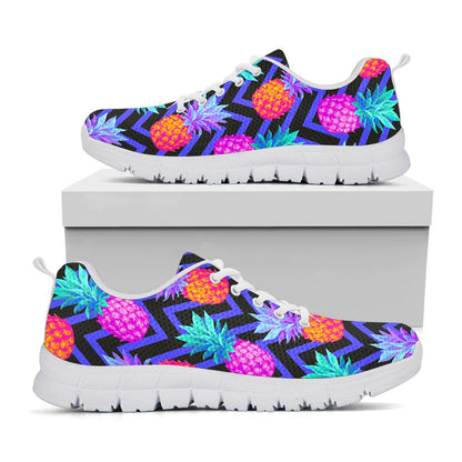 Neon EDM Zig Zag Pineapple Pattern Print White Running Shoes