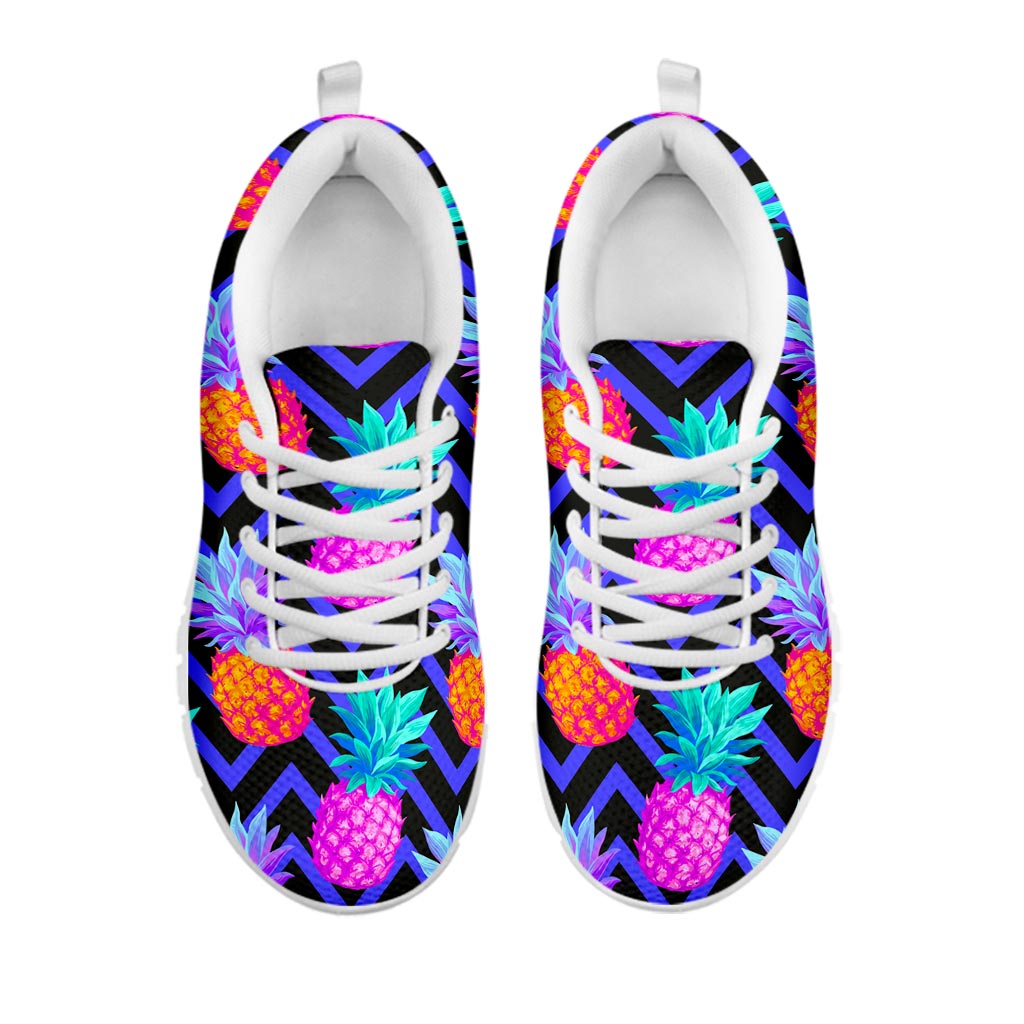 Neon EDM Zig Zag Pineapple Pattern Print White Running Shoes