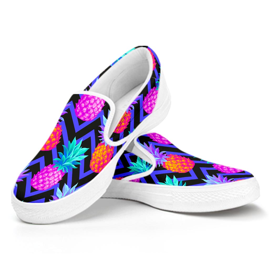 Neon EDM Zig Zag Pineapple Pattern Print White Slip On Sneakers