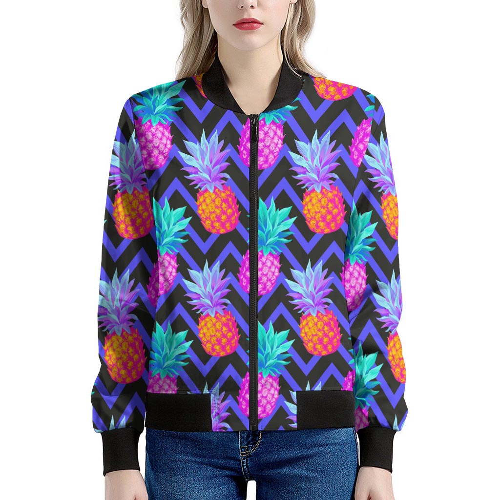 Neon EDM Zig Zag Pineapple Pattern Print Women's Bomber Jacket