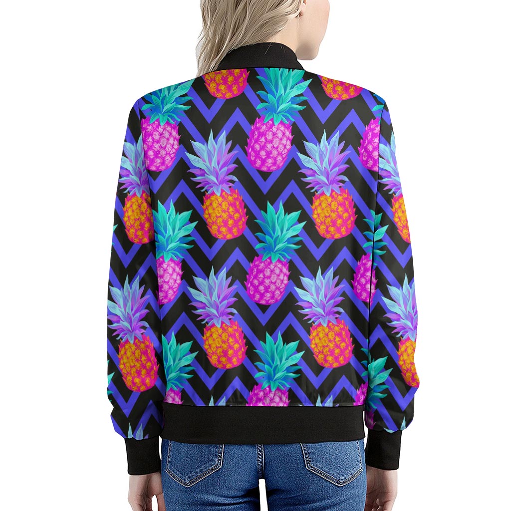 Neon EDM Zig Zag Pineapple Pattern Print Women's Bomber Jacket