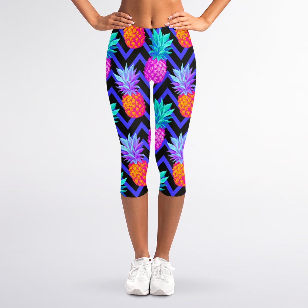 Neon EDM Zig Zag Pineapple Pattern Print Women's Capri Leggings