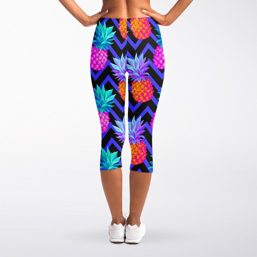Neon EDM Zig Zag Pineapple Pattern Print Women's Capri Leggings