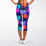 Neon EDM Zig Zag Pineapple Pattern Print Women's Capri Leggings