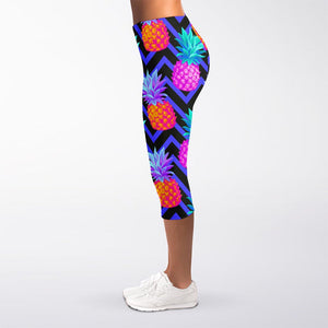 Neon EDM Zig Zag Pineapple Pattern Print Women's Capri Leggings