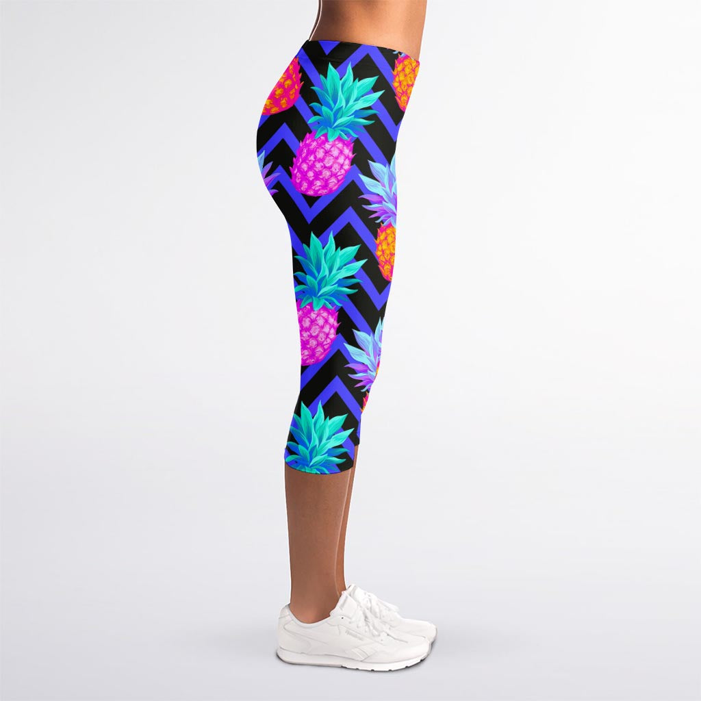 Neon EDM Zig Zag Pineapple Pattern Print Women's Capri Leggings