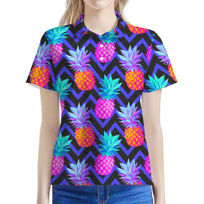 Neon EDM Zig Zag Pineapple Pattern Print Women's Polo Shirt
