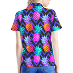 Neon EDM Zig Zag Pineapple Pattern Print Women's Polo Shirt