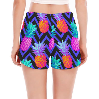 Neon EDM Zig Zag Pineapple Pattern Print Women's Split Running Shorts