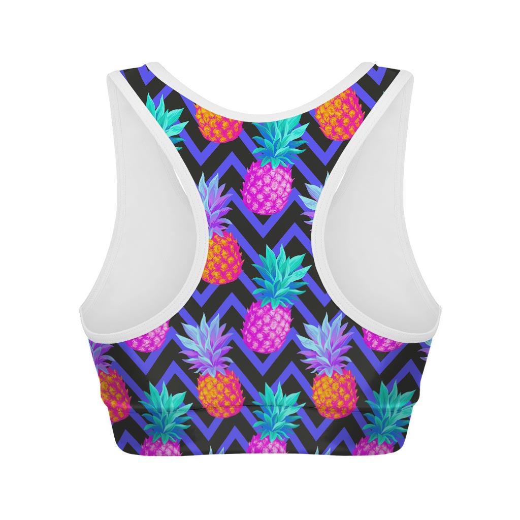 Neon EDM Zig Zag Pineapple Pattern Print Women's Sports Bra