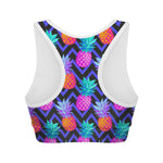 Neon EDM Zig Zag Pineapple Pattern Print Women's Sports Bra