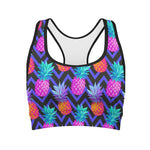 Neon EDM Zig Zag Pineapple Pattern Print Women's Sports Bra