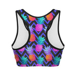 Neon EDM Zig Zag Pineapple Pattern Print Women's Sports Bra