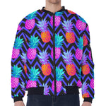 Neon EDM Zig Zag Pineapple Pattern Print Zip Sleeve Bomber Jacket