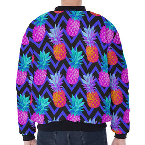 Neon EDM Zig Zag Pineapple Pattern Print Zip Sleeve Bomber Jacket