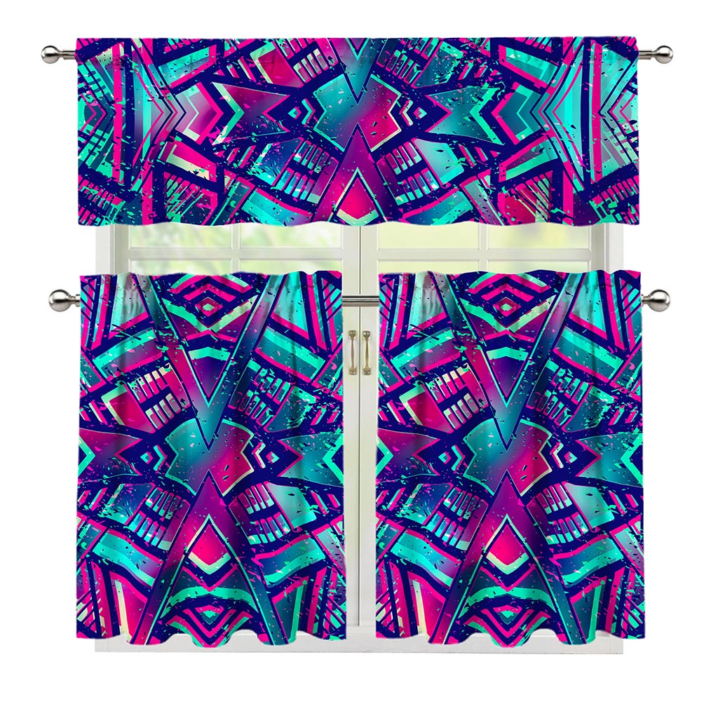 Neon Ethnic Aztec Trippy Print 3 Piece Kitchen Curtains