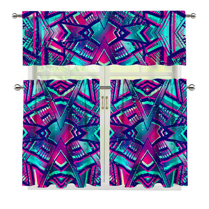 Neon Ethnic Aztec Trippy Print 3 Piece Kitchen Curtains