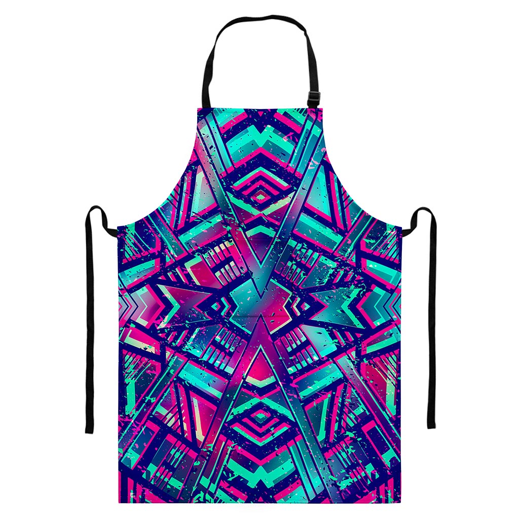 Neon Ethnic Aztec Trippy Print Bib Apron With Pocket